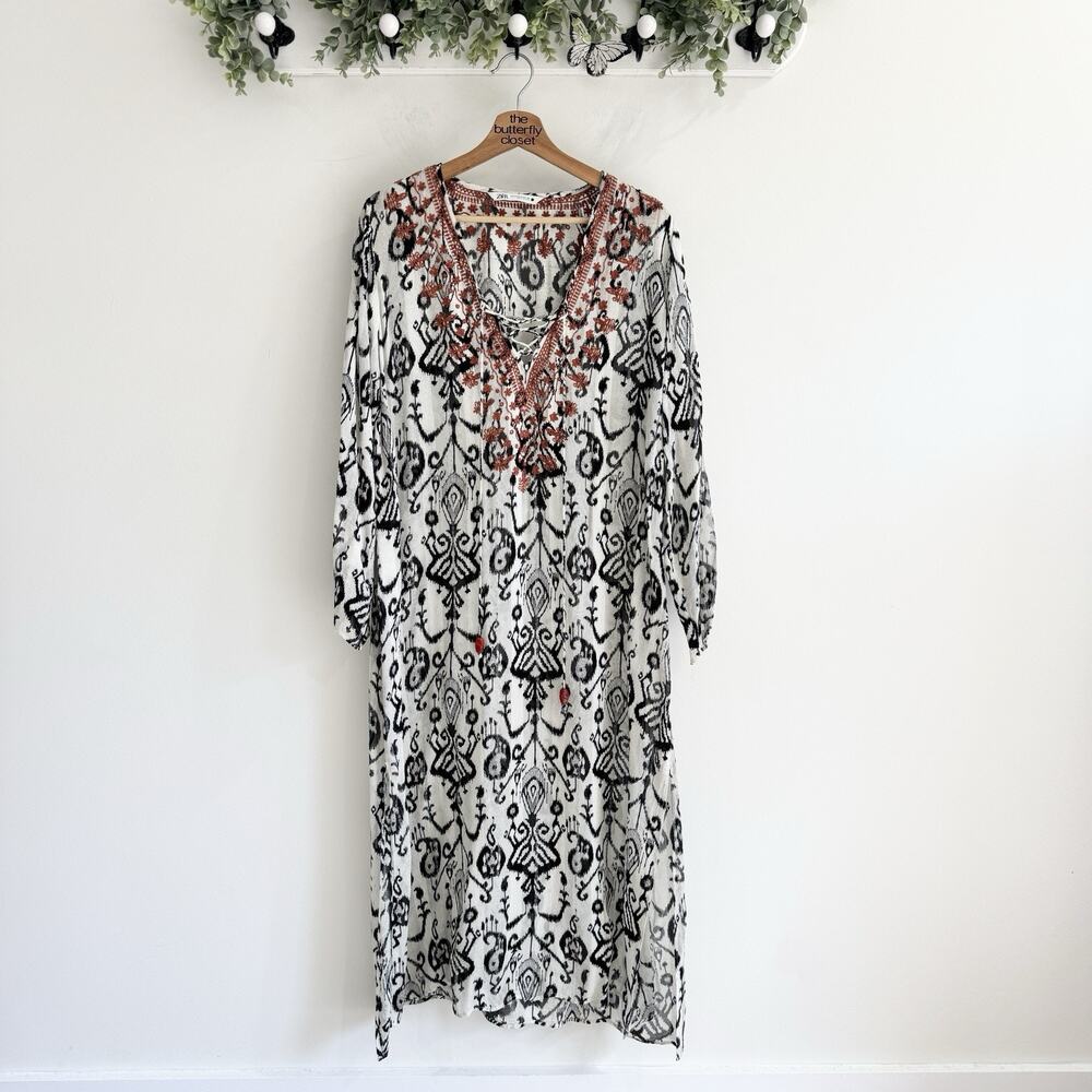 Zara long MIDI tunic/kaftan dress Okay Prompt Tasseled Small Boho Oversized